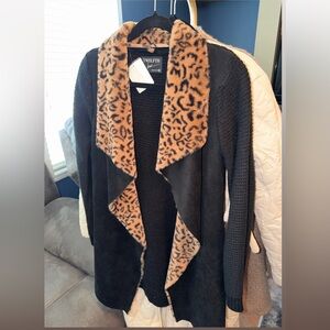 Knit Black Jacket with Leopard Trim